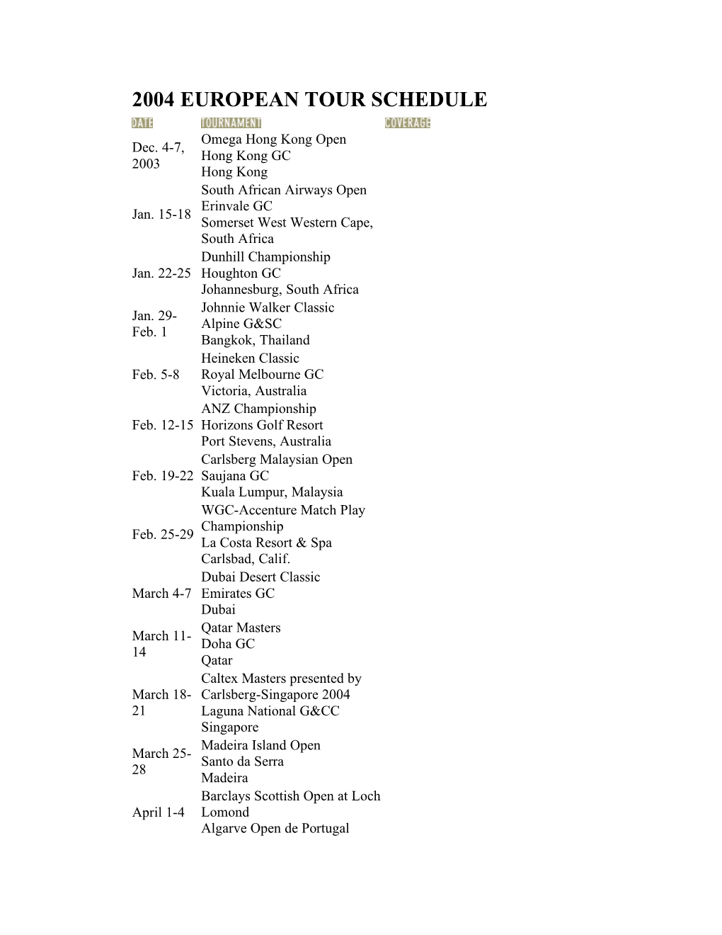 2004 European Tour Schedule