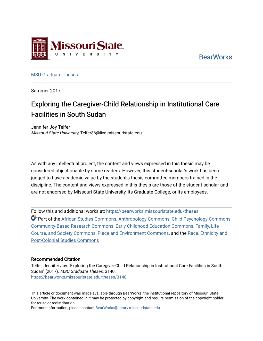 Exploring the Caregiver-Child Relationship in Institutional Care Facilities in South Sudan