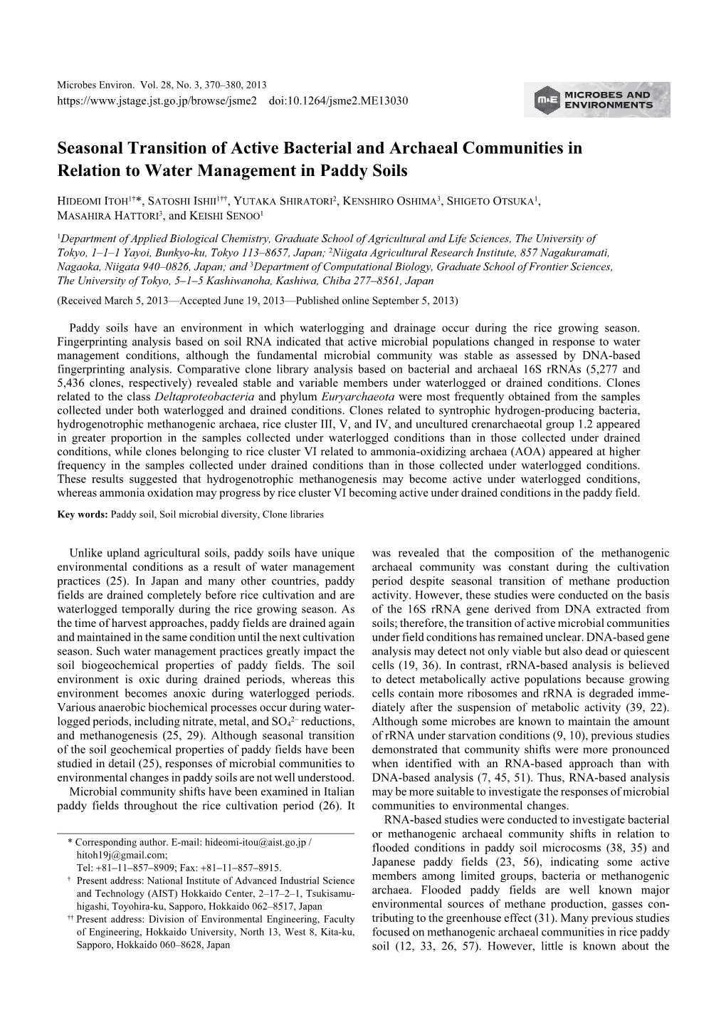 Seasonal Transition of Active Bacterial and Archaeal Communities in Relation to Water Management in Paddy Soils