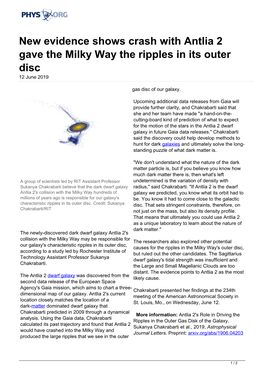 New Evidence Shows Crash with Antlia 2 Gave the Milky Way the Ripples in Its Outer Disc 12 June 2019