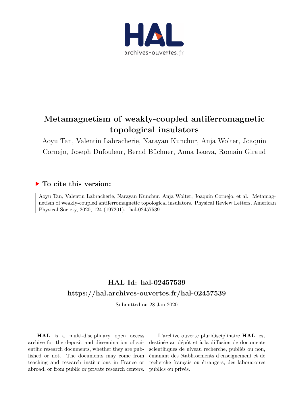 Metamagnetism of Weakly-Coupled Antiferromagnetic Topological