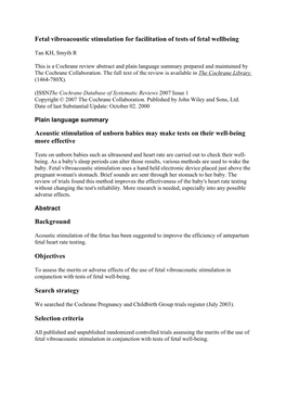 Fetal Vibroacoustic Stimulation for Facilitation of Tests of Fetal Wellbeing