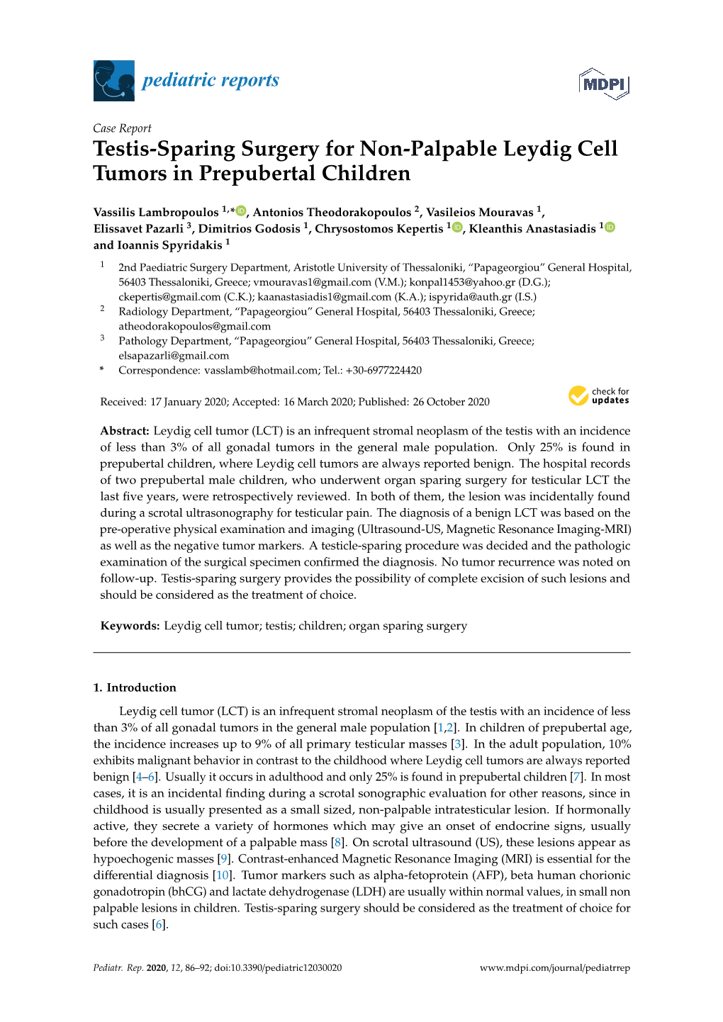 Testis-Sparing Surgery for Non-Palpable Leydig Cell Tumors in Prepubertal Children