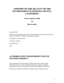 A Report on the Quality of the Environment in Sonoma County, California