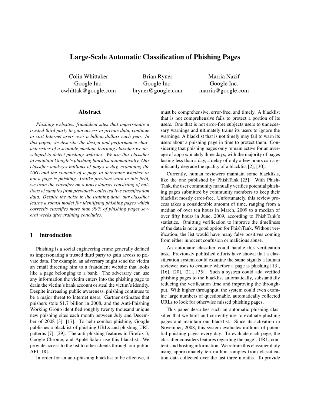 Large-Scale Automatic Classification of Phishing Pages