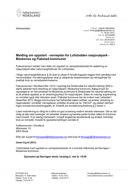 Melding Om Oppstart - Verneplan for Lofotodden Nasjonalpark - Moskenes Og Flakstad Kommuner