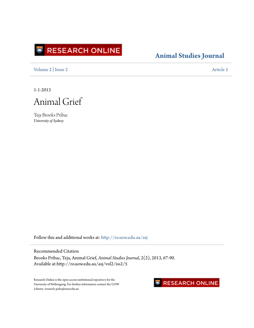 Animal Grief Teja Brooks Pribac University of Sydney