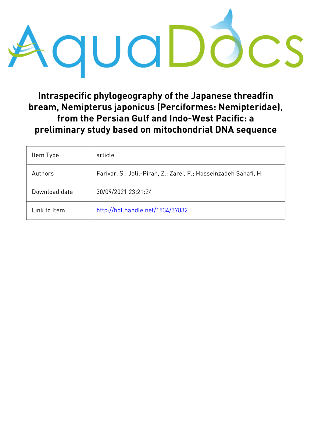 Intraspecific Phylogeography of the Japanese Threadfin Bream