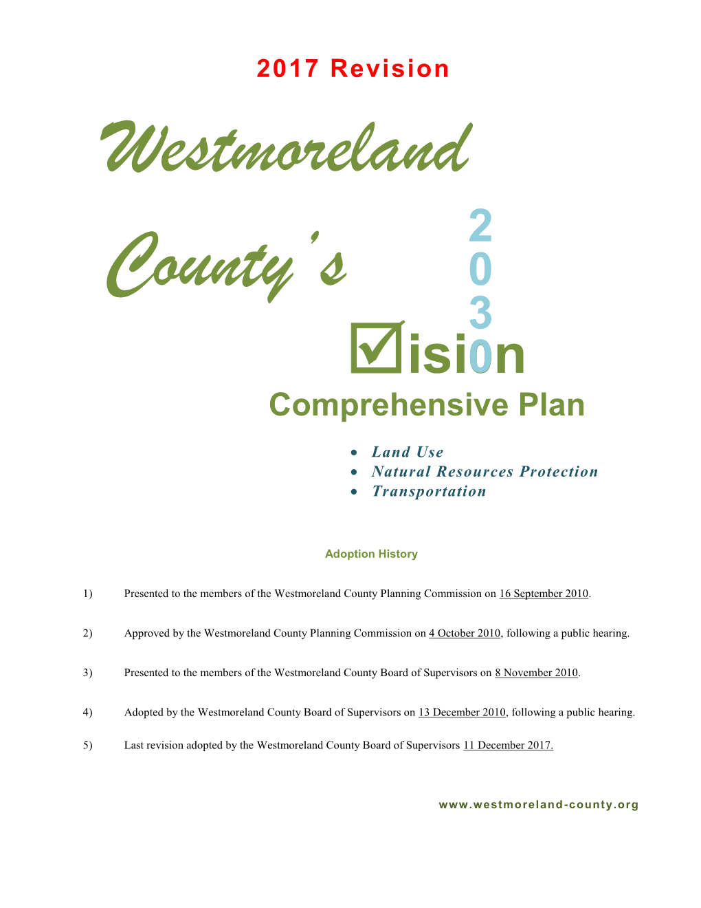 Westmoreland County Comprehensive Plan, Submitted to the Westmoreland Courthouse