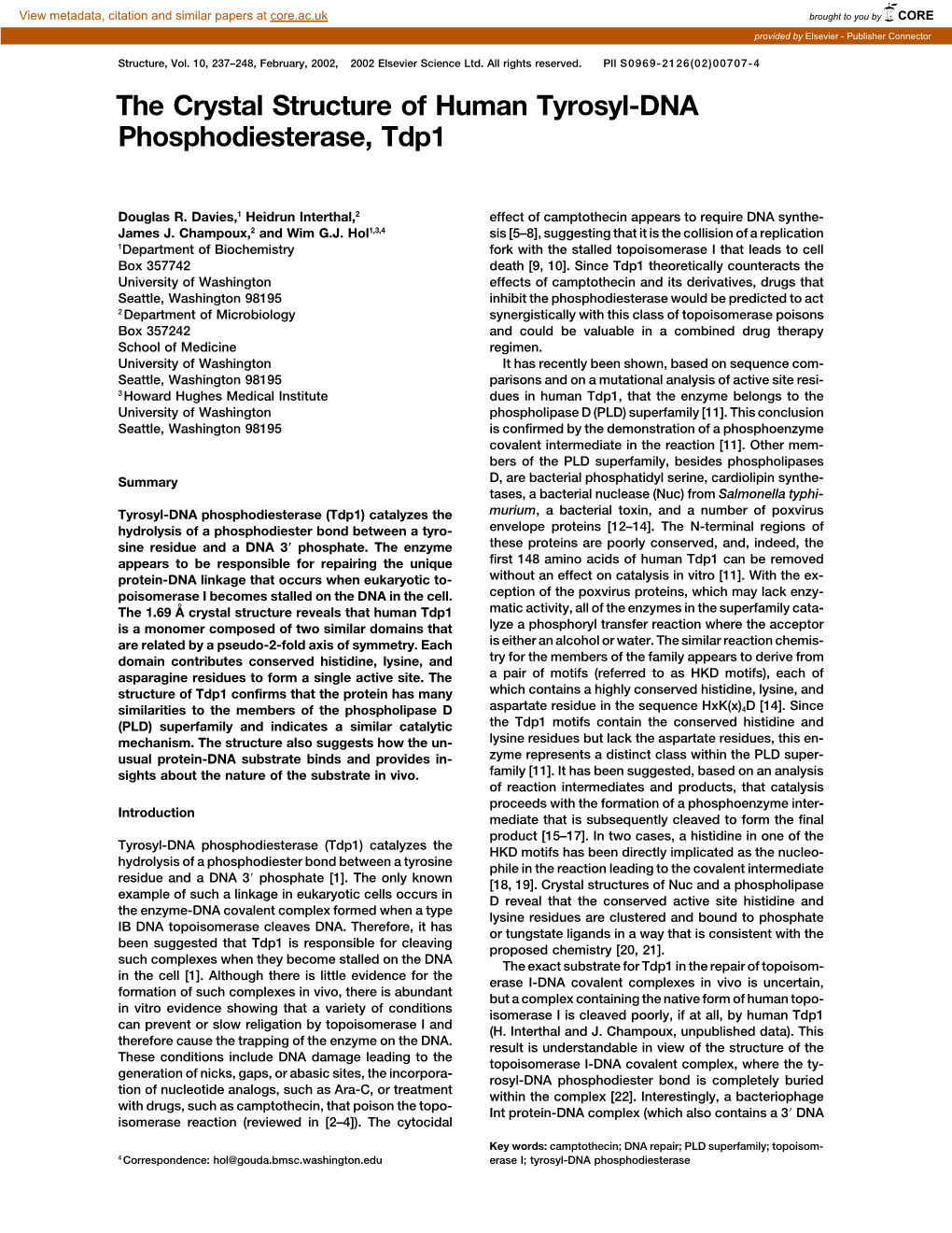 The Crystal Structure of Human Tyrosyl-DNA Phosphodiesterase, Tdp1