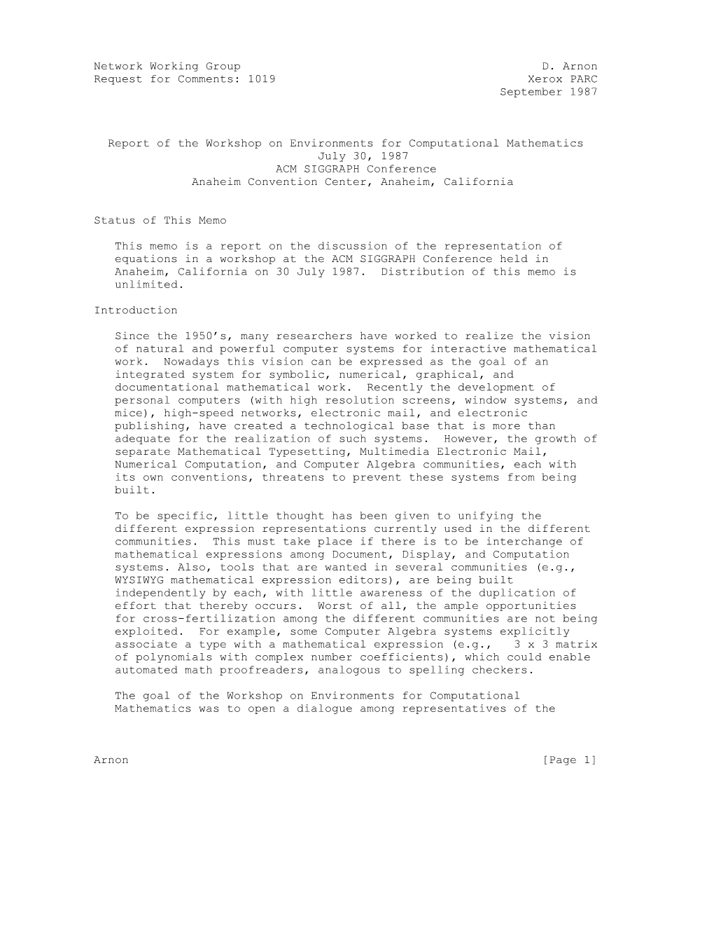 Network Working Group D. Arnon Request for Comments: 1019 Xerox PARC September 1987