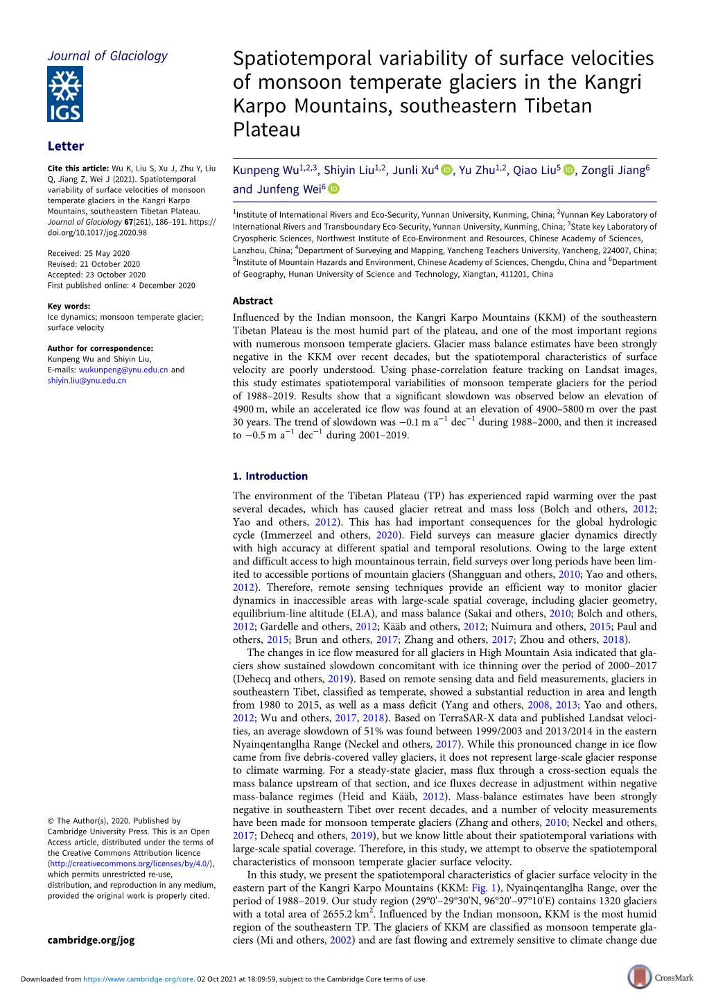 Spatiotemporal Variability of Surface Velocities of Monsoon Temperate Glaciers in the Kangri Karpo Mountains, Southeastern Tibet