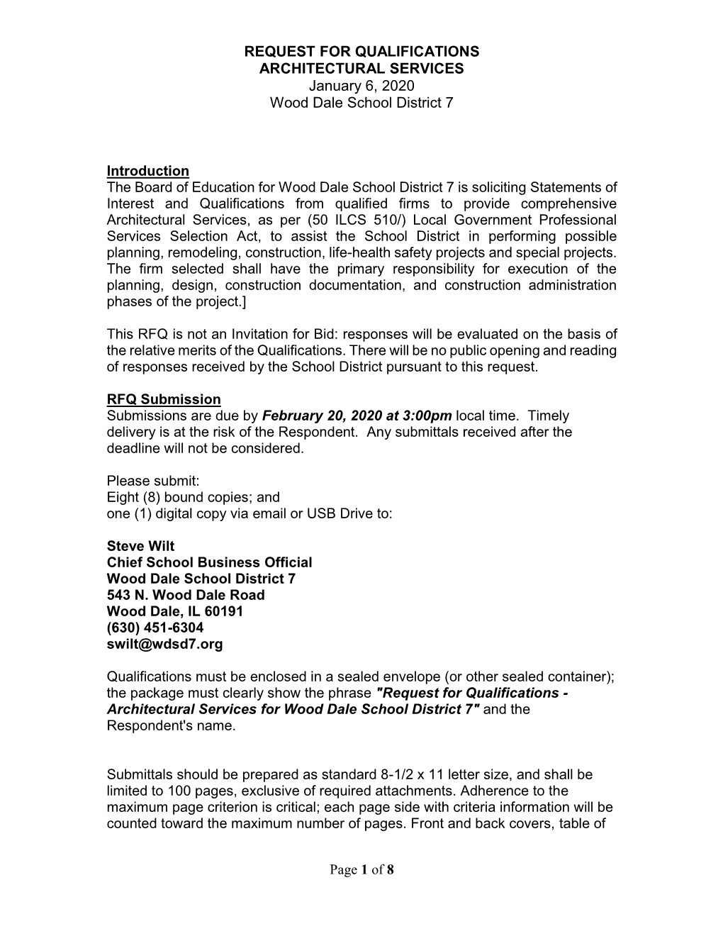 REQUEST for QUALIFICATIONS ARCHITECTURAL SERVICES January 6, 2020 Wood Dale School District 7