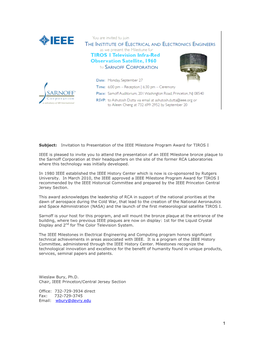 Subject: Invitation to Presentation of the IEEE Milestone Program Award for TIROS I