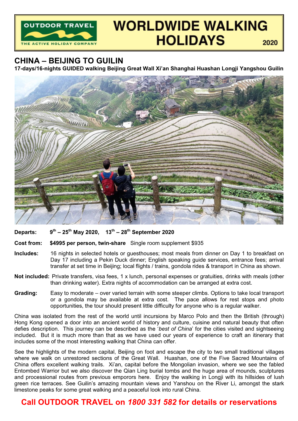 CHINA – BEIJING to GUILIN 17-Days/16-Nights GUIDED Walking Beijing Great Wall Xi’An Shanghai Huashan Longji Yangshou Guilin