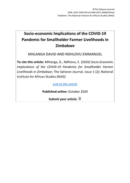 Socio-Economic Implications of the COVID-19 Pandemic for Smallholder Farmer Livelihoods in Zimbabwe MHLANGA DAVID and NDHLOVU EMMANUEL