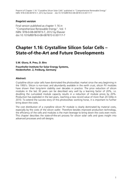 Chapter 1.16: Crystalline Silicon Solar Cells – State-Of-The-Art and Future Developments