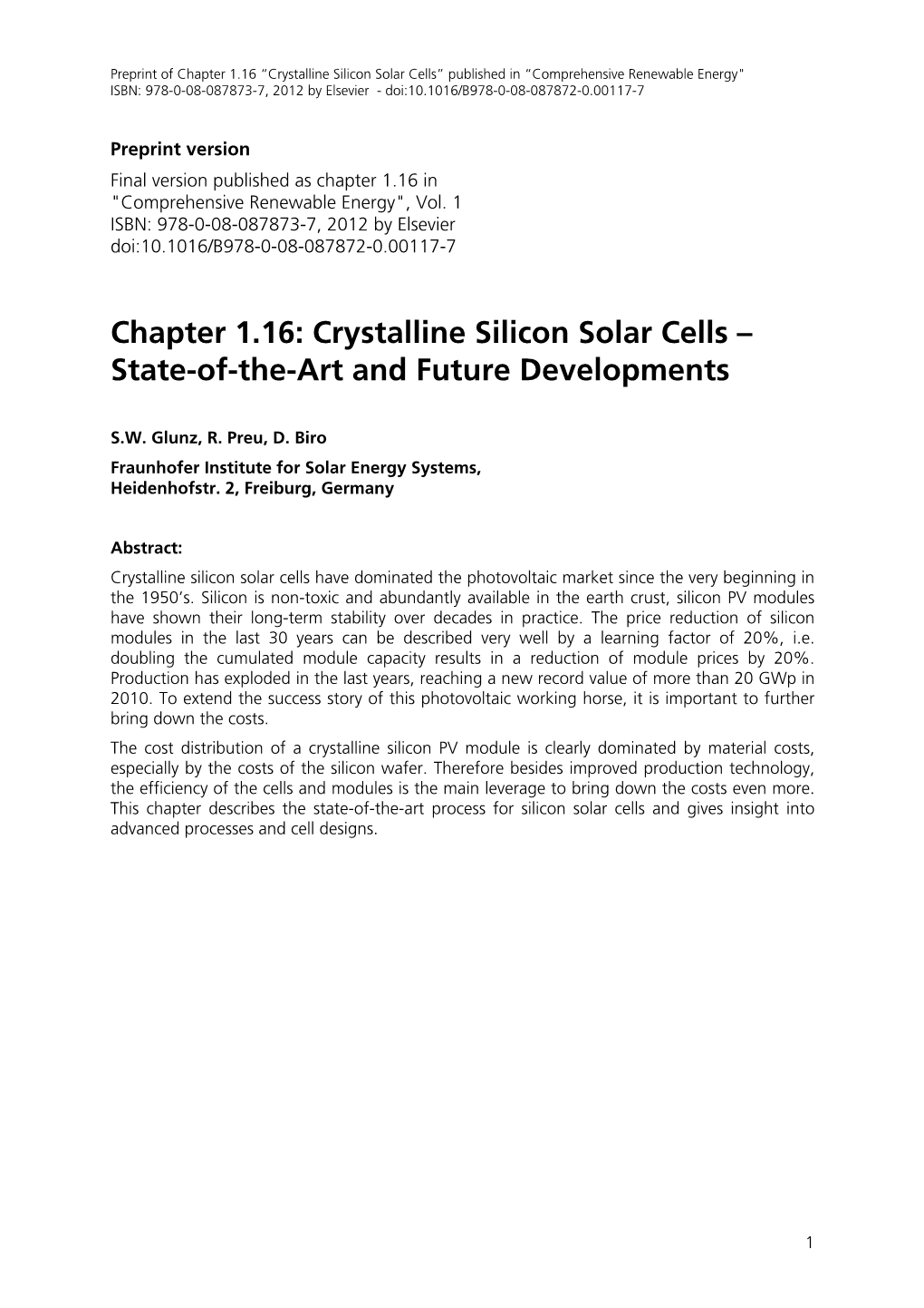 Chapter 1.16: Crystalline Silicon Solar Cells – State-Of-The-Art and Future Developments
