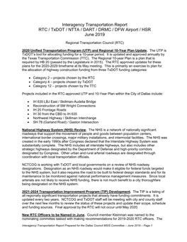 Interagency Transportation Report RTC / Txdot / NTTA / DART / DRMC / DFW Airport / HSR June 2019