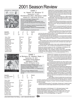 2001 Season Review GAME 2 GAME NOTES: the Warriors Snapped a 10-Game Griz Road Win Streak with an Impressive Passing Game and Division I-A Hawai’I Vs