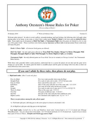 Anthony Oresteen's House Rules for Poker (Not According to Hoyle!)