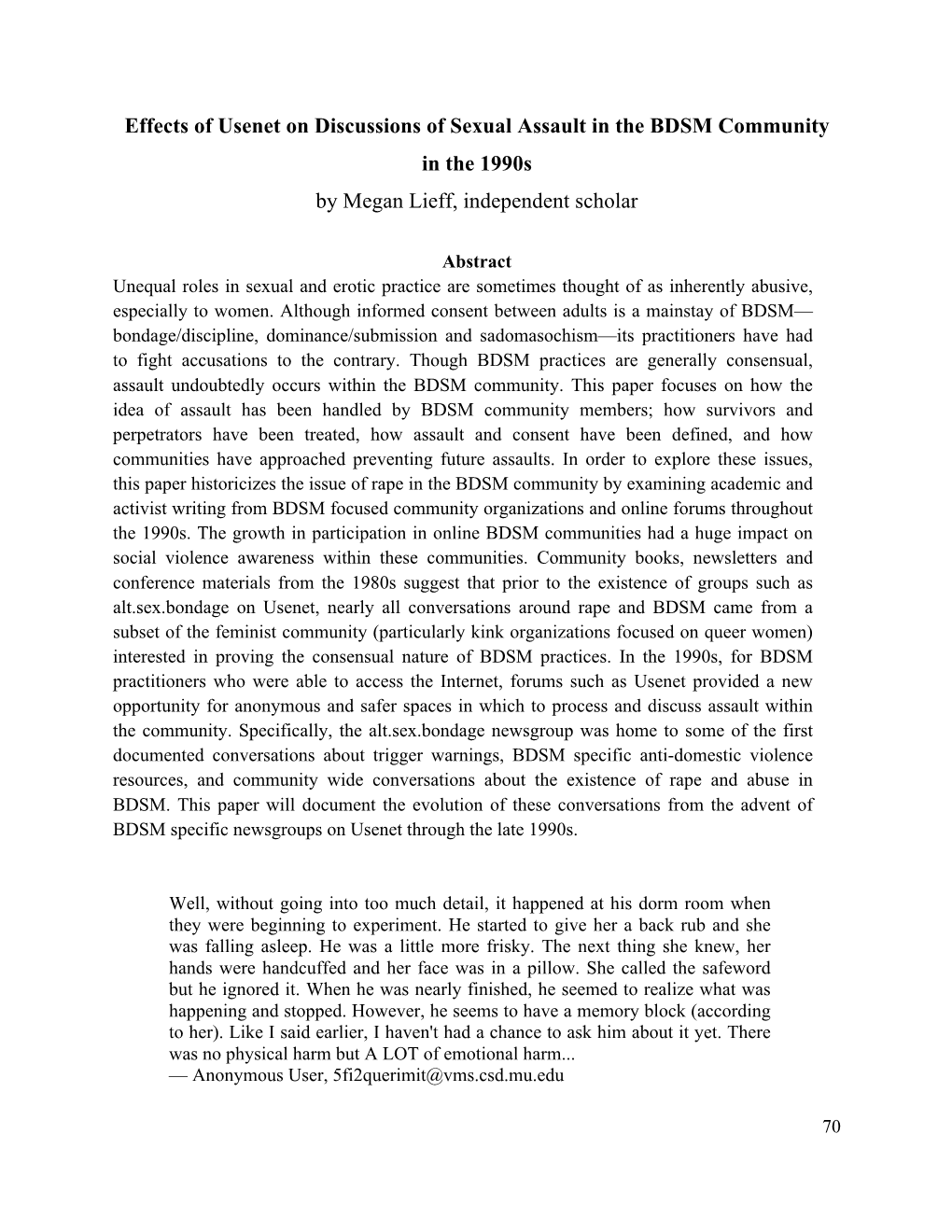 Effects of Usenet on Discussions of Sexual Assault in the BDSM Community in the 1990S by Megan Lieff, Independent Scholar