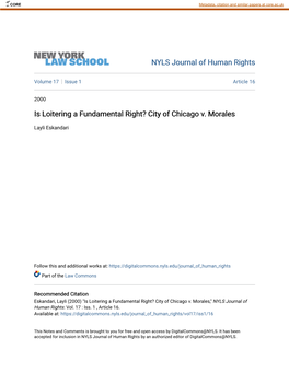 Is Loitering a Fundamental Right? City of Chicago V. Morales
