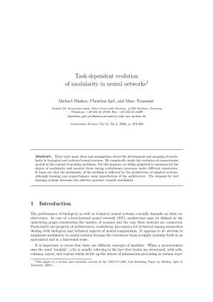 Task-Dependent Evolution of Modularity in Neural Networks1