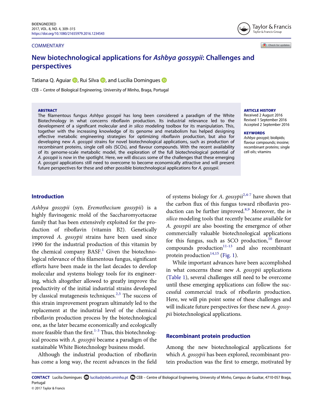 New Biotechnological Applications for Ashbya Gossypii: Challenges and Perspectives