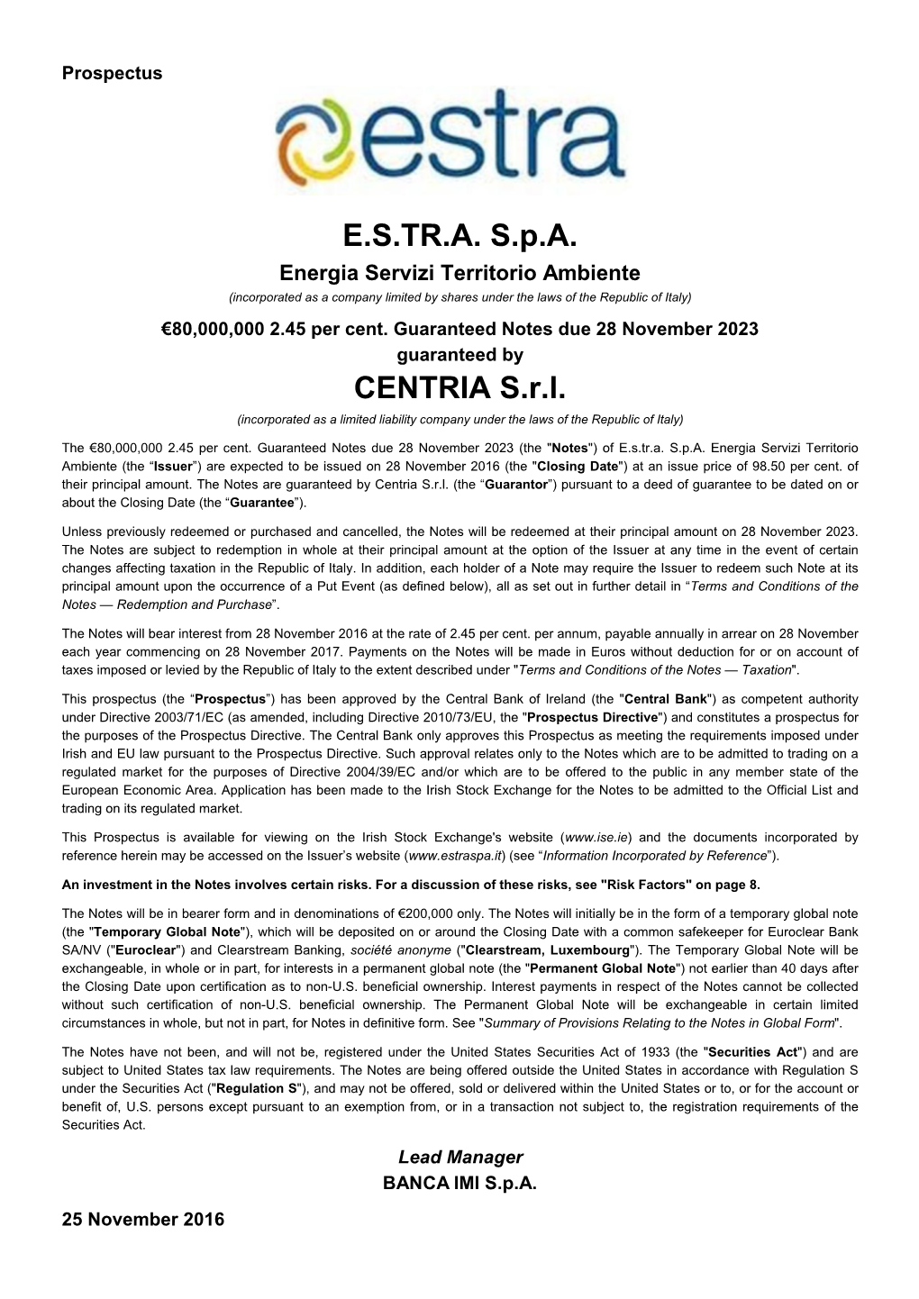 E.S.TR.A. S.P.A. CENTRIA S.R.L