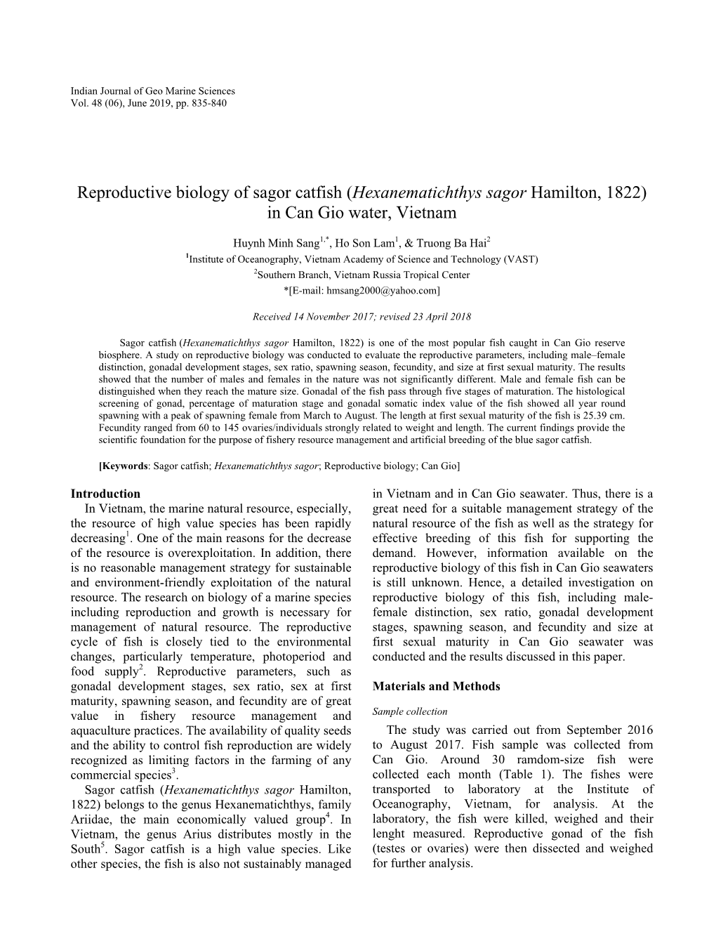 Reproductive Biology of Sagor Catfish (Hexanematichthys Sagor Hamilton, 1822) in Can Gio Water, Vietnam