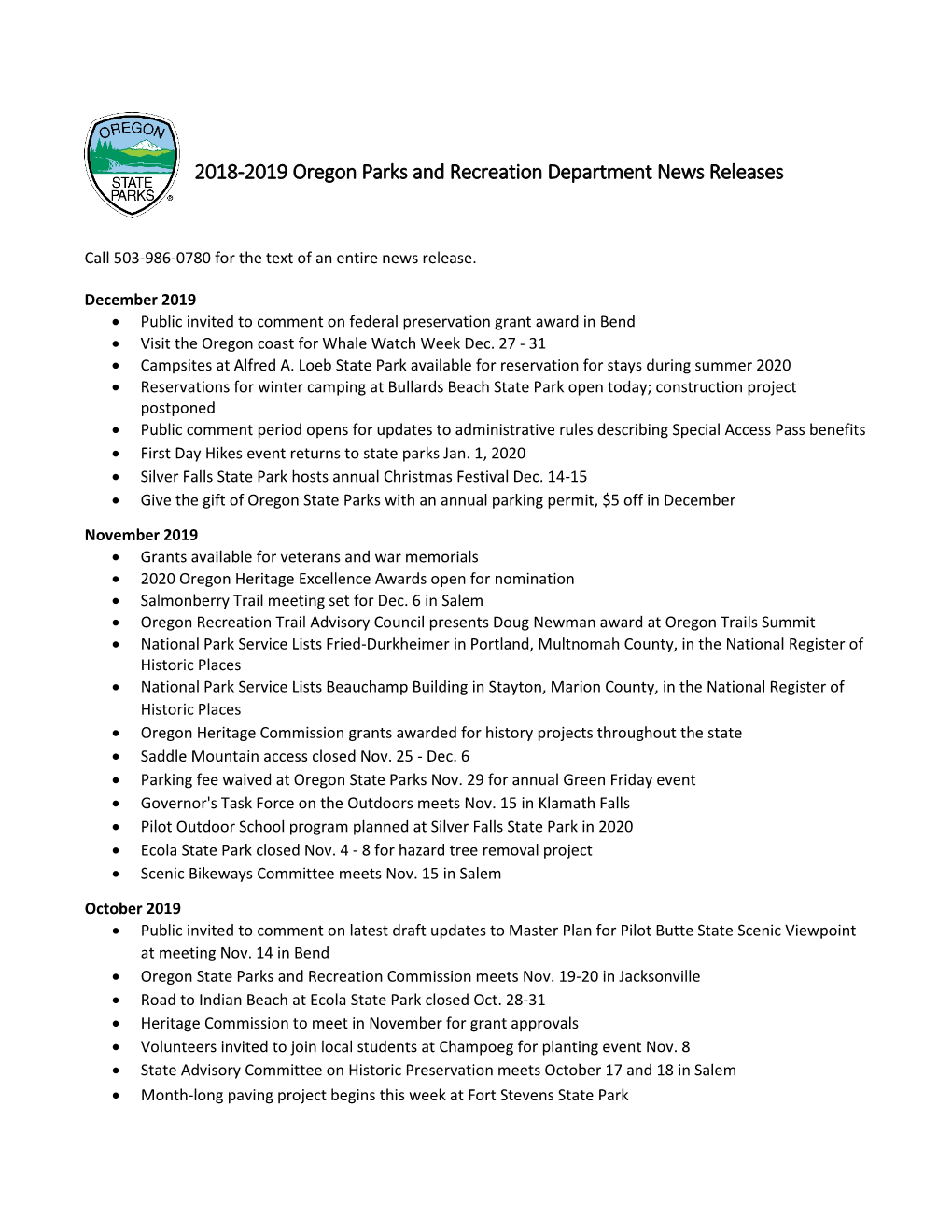 2018-2019 Oregon Parks and Recreation Department News Releases