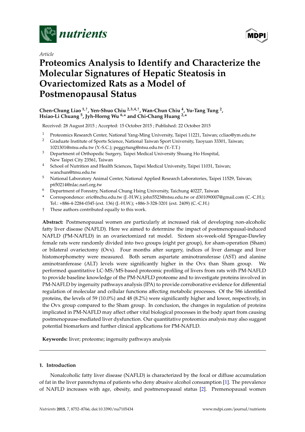 Proteomics Analysis to Identify and Characterize the Molecular Signatures of Hepatic Steatosis in Ovariectomized Rats As a Model of Postmenopausal Status