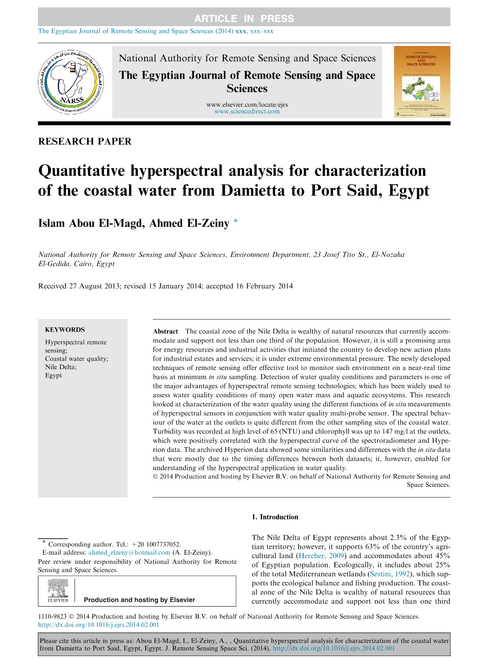 Quantitative Hyperspectral Analysis for Characterization of the Coastal Water from Damietta to Port Said, Egypt