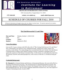 Schedule of Courses for Fall 2018