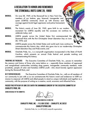 A Resolution to Honor and Remember the Stonewall Riots (June 28, 1969)