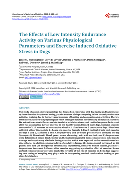 The Effects of Low Intensity Endurance Activity on Various Physiological Parameters and Exercise Induced Oxidative Stress in Dogs