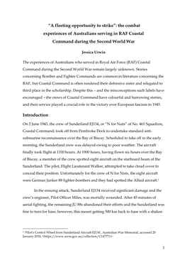 “A Fleeting Opportunity to Strike”: the Combat Experiences of Australians Serving in RAF Coastal Command During the Second World War