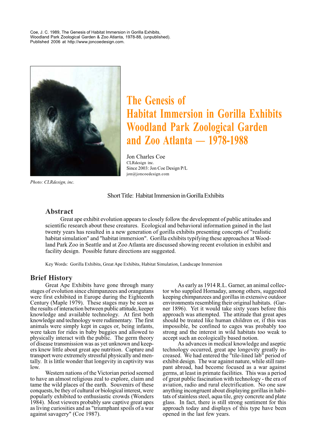 The Genesis of Habitat Immersion in Gorilla Exhibits Woodland Park Zoological Garden and Zoo Atlanta — 1978-1988