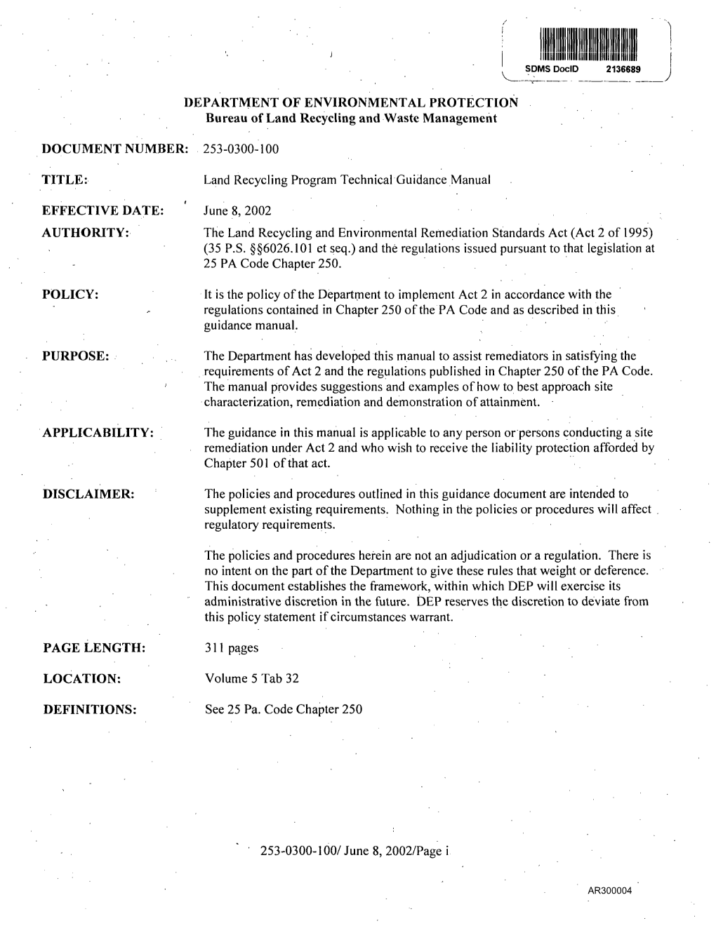 Land Recycling Program Technical Guidance Manual