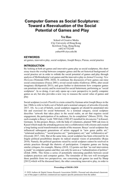 Computer Games As Social Sculptures: Toward a Reevaluation of the Social Potential of Games and Play