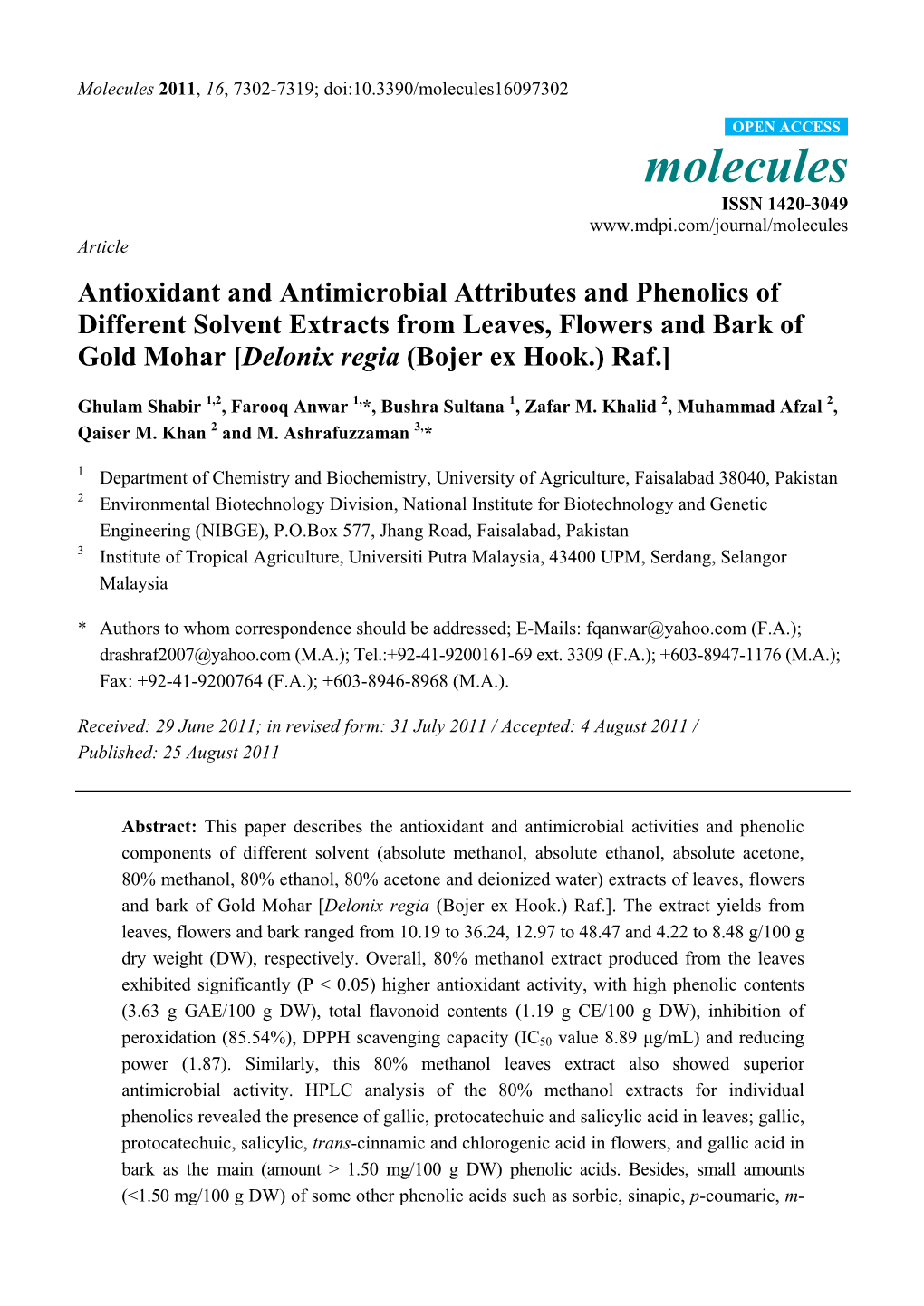 Antioxidant and Antimicrobial Attributes and Phenolics of Different Solvent Extracts from Leaves, Flowers and Bark of Gold Mohar