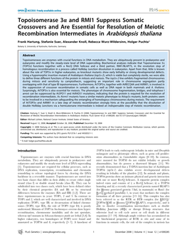 Topoisomerase 3A and RMI1 Suppress Somatic Crossovers and Are Essential for Resolution of Meiotic Recombination Intermediates in Arabidopsis Thaliana