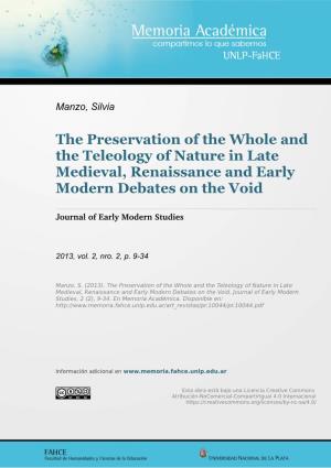 The Preservation of the Whole and the Teleology of Nature in Late Medieval, Renaissance and Early Modern Debates on the Void