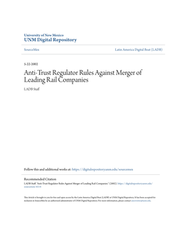 Anti-Trust Regulator Rules Against Merger of Leading Rail Companies LADB Staff