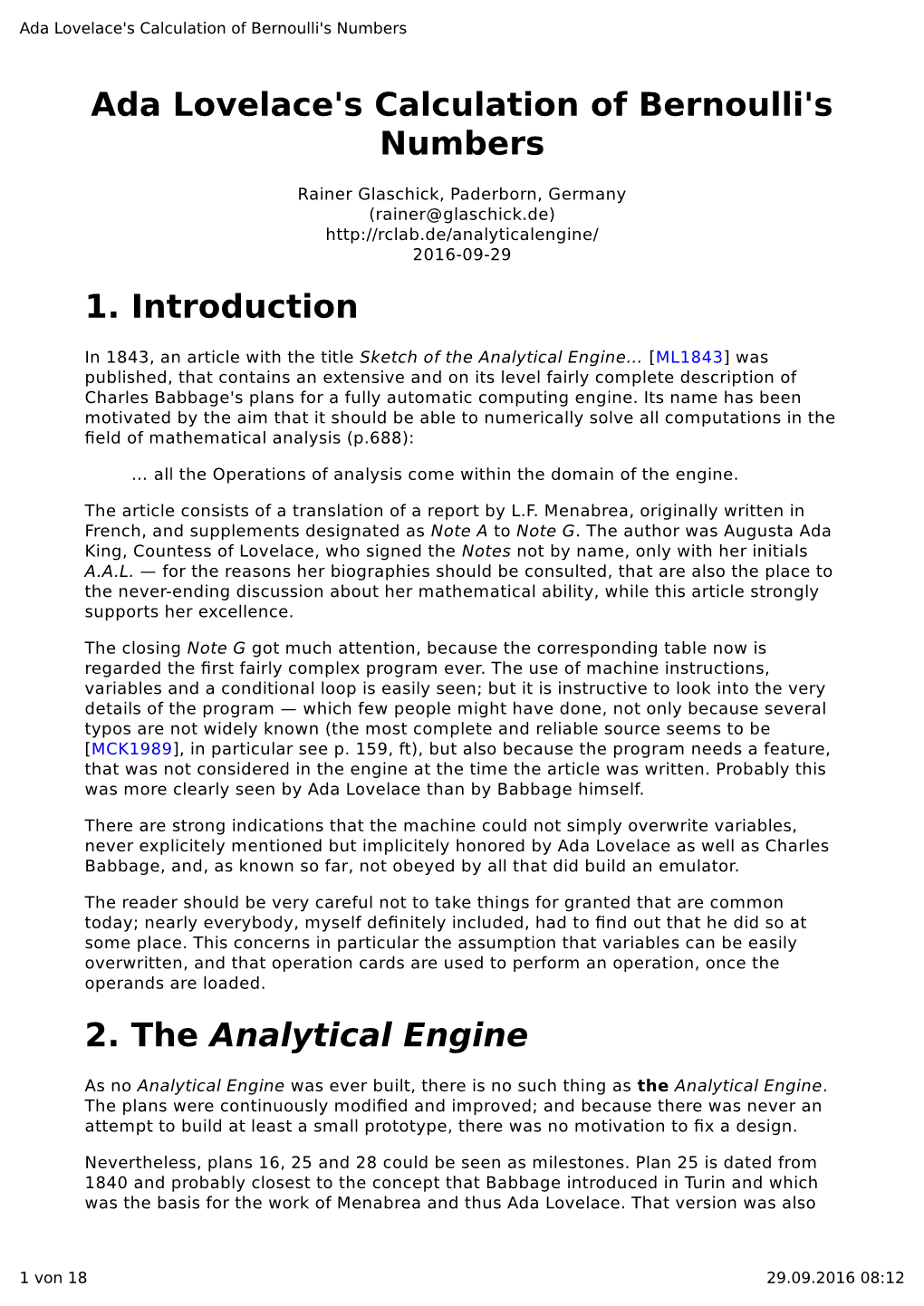 Ada Lovelace's Calculation of Bernoulli's Numbers 1. Introduction