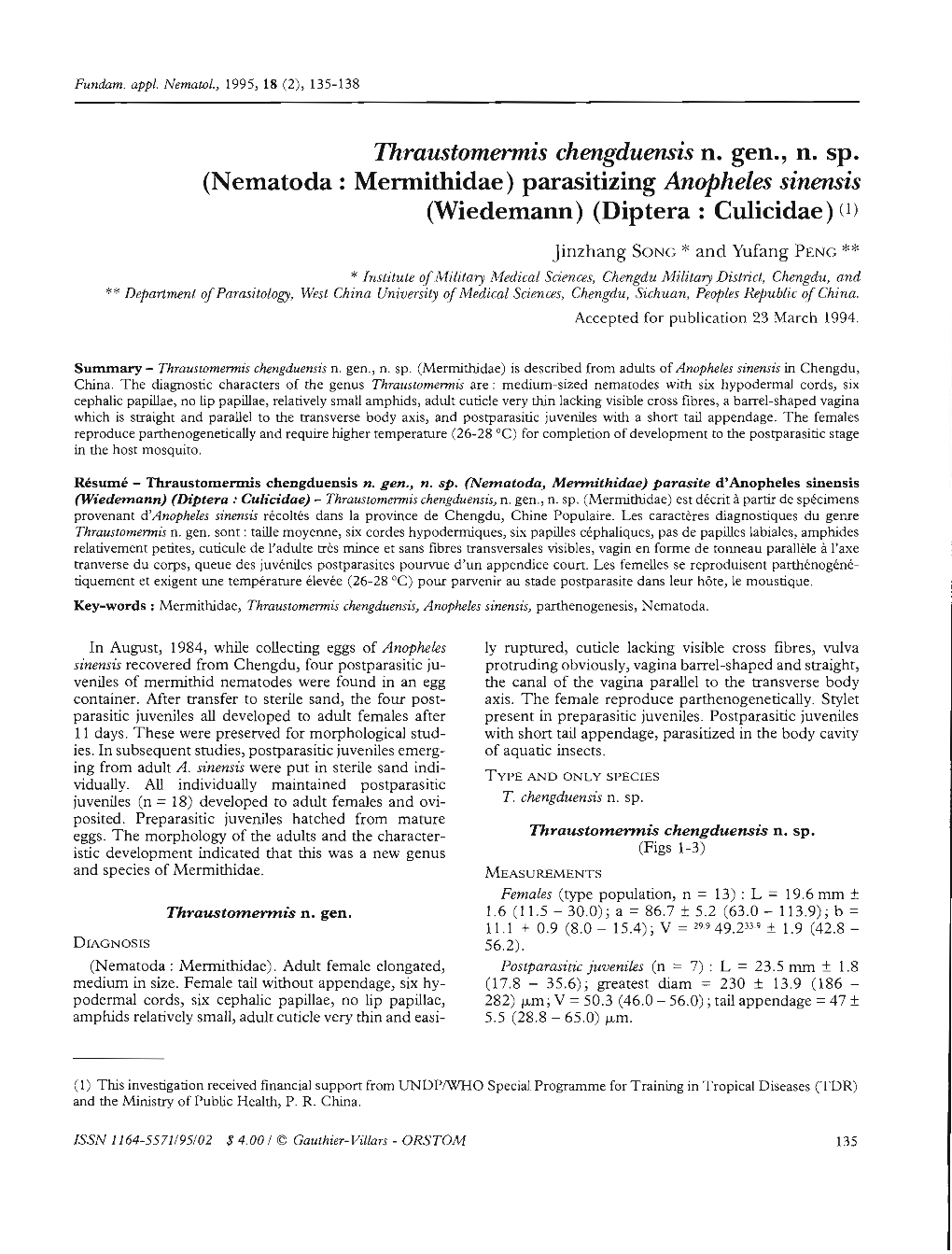 Thraustomermis Chengduensis N. Gen., N. Sp. (Nematoda : Mermithidae)