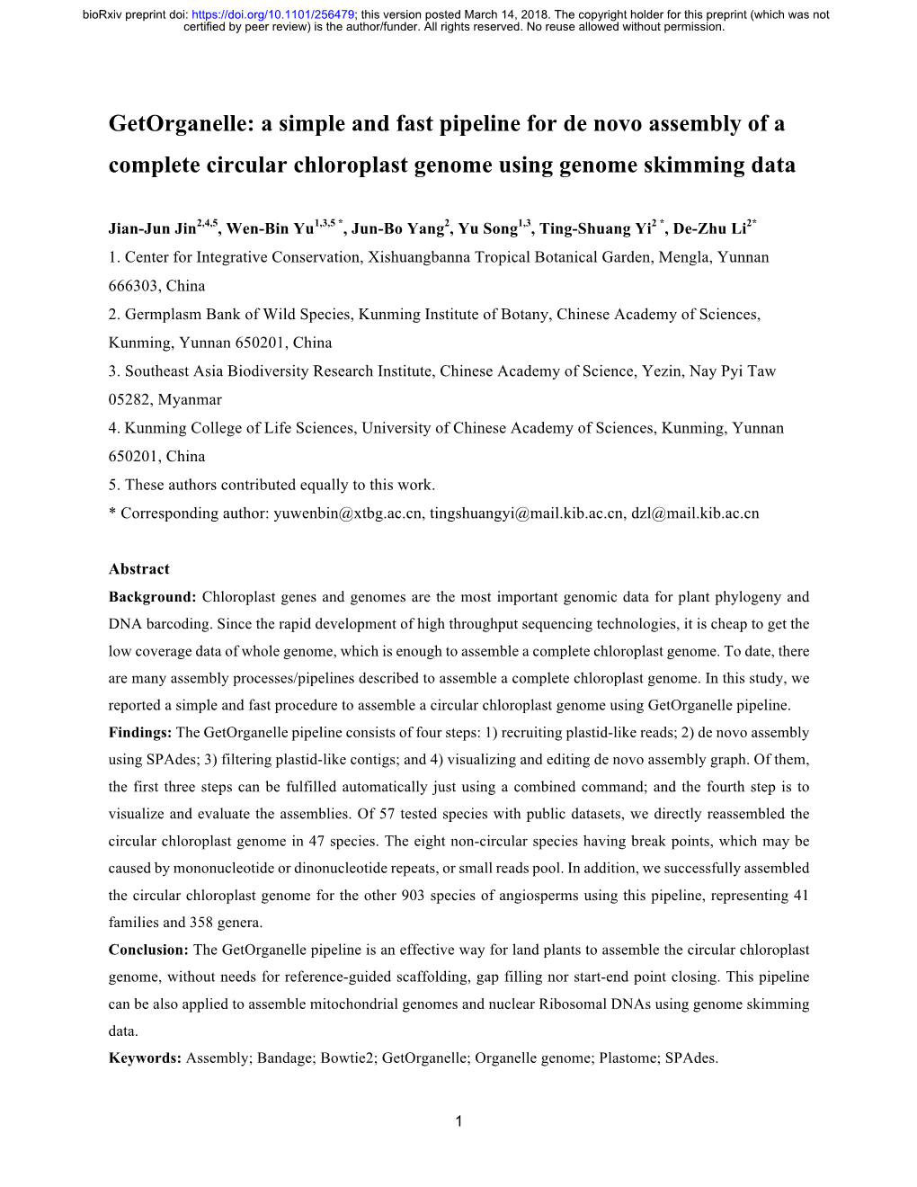 Getorganelle: a Simple and Fast Pipeline for De Novo Assembly of a Complete Circular Chloroplast Genome Using Genome Skimming Data