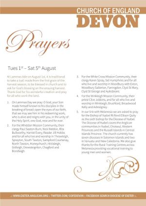 CHURCH of ENGLAND DEVON Prayers Tues 1St – Sat 5Th August