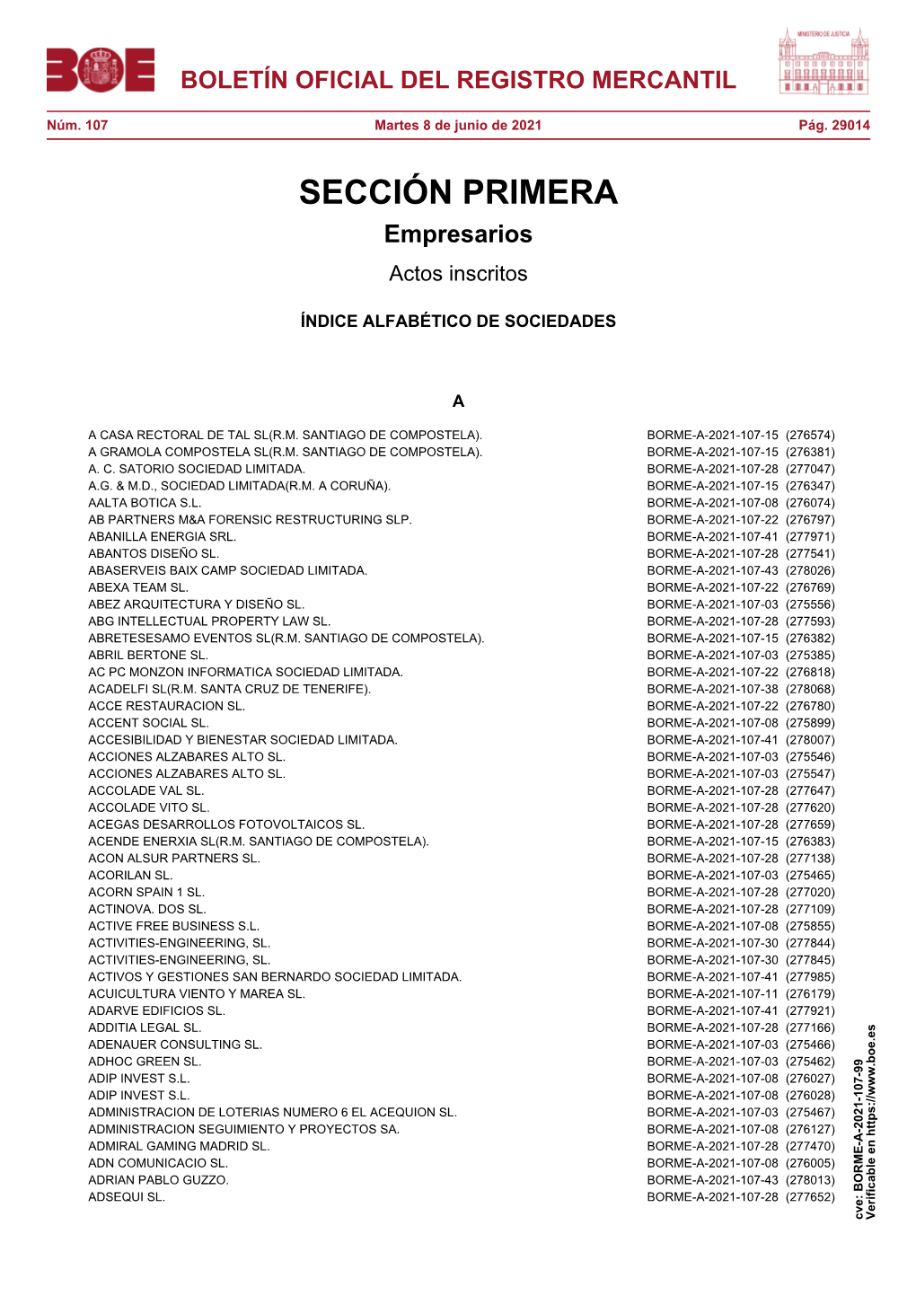 ÍNDICE ALFABÉTICO DE SOCIEDADES Del BORME Núm. 107 De 2021